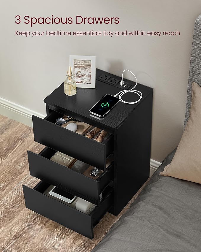 VASAGLE Nightstand with Charging Station, 2 AC Outlets and 2 USB Ports, Bedside Table, Side Table with 3 Drawers, Modern Style, 13.8 x 15.7 x 23.2 Inches, Ebony Black ULET631B58