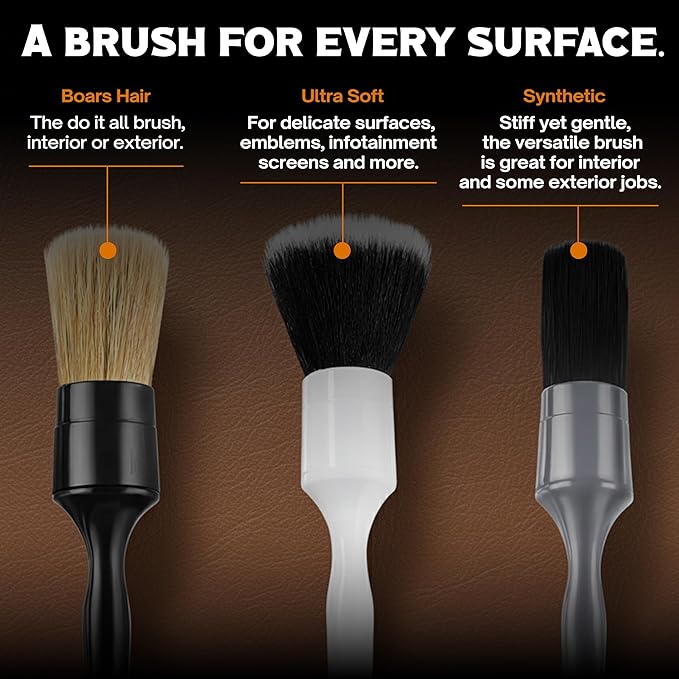 Premium Car Detailing Brush Set - Complete Professional 6 Pack Kit Detail Brushes with Soft Boars Hair Bristles for Auto Interior & Exterior - for Cleaning Leather Seats, Air Vents, Wheels & Emblems