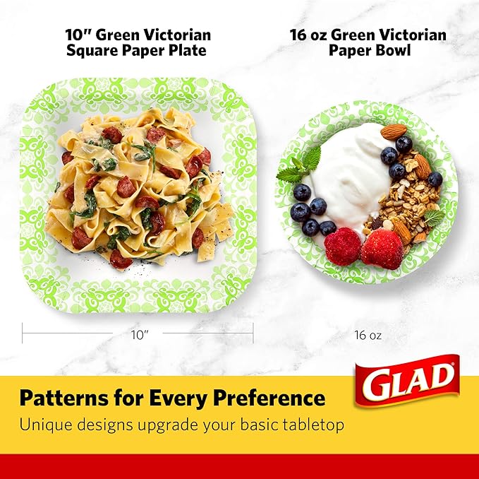 Glad Round Disposable Paper Bowls, Green Victorian Design - Heavy Duty, Soak Proof, Cut-Resistant, Microwavable Bowl for All Foods & Daily Use, 16 Oz, 15 Count