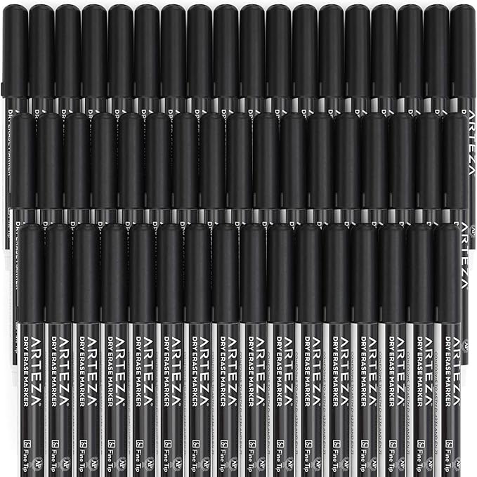 ARTEZA Black Dry Erase Markers Pack of 52, Fine Tip, Low-Odor Black Ink, Classroom-Preferred Whiteboard Markers