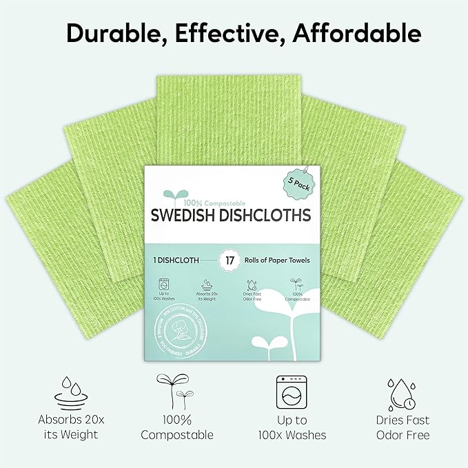 Swedish Dishcloths for Kitchen, 5 Pack Swedish Dish Cloths, Ultra Absorbent Reusable Paper Towels, Cellulose Sponge Cloths, Quick Drying, No Odor, Dishwasher Safe Green