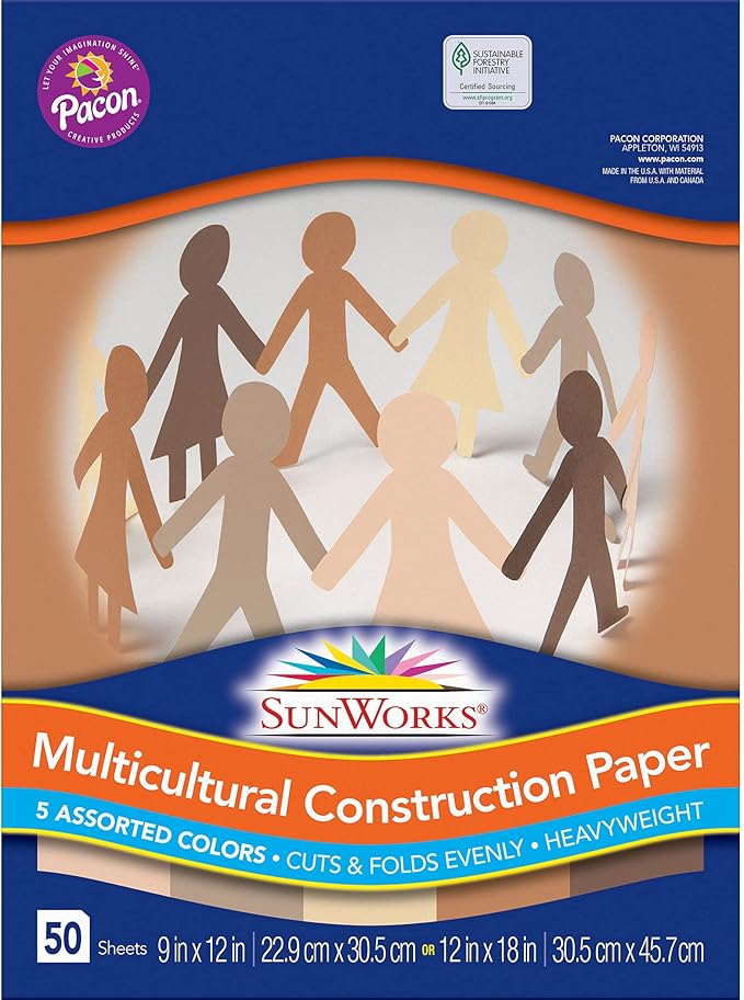 SunWorks® Multicultural Construction Paper, 5 Assorted Colors, 9" x 12", 50 Sheets Per Pack, 5 Packs