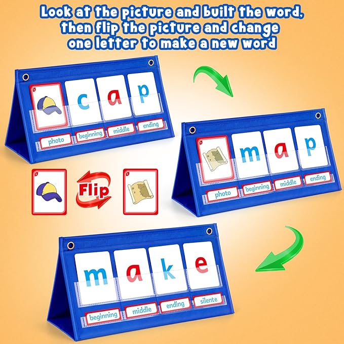 Torlam CVC Word Builder Kindergarten Classroom Must Haves, Phonics Games Preschool Learning Activities Spelling Toy Reading Letter Site Sight Words Games Flash Cards for Kids Autism Special Education