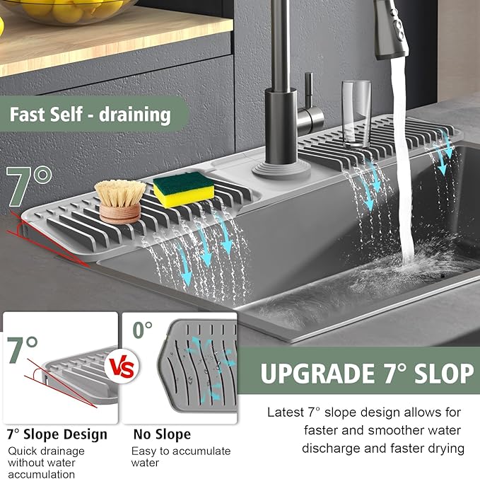 24-Inch Kitchen Sink Splash Guard Mat | 7° Slope for Fast Self-Draining | Snap-Lock Design | Universal & Cuttable Silicone Faucet Mat Gray