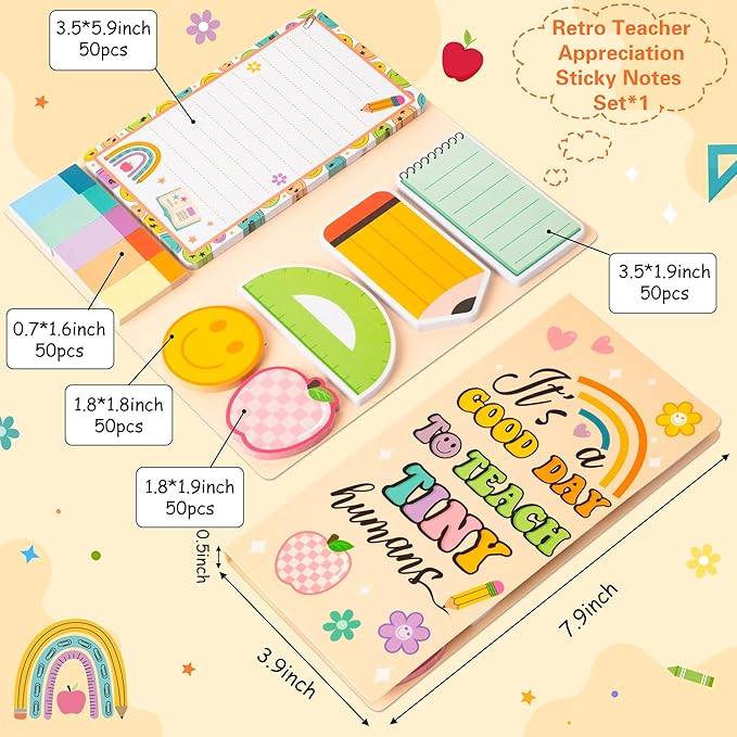 B1ykin Cute Sticky Notes Set - A Good Day to Teach Tiny Humans Self-Stick Notes Pad, 550 Sheets Writing Memo Pages Sticky Notepad for Teacher Appreciation Gifts, School Office Supplies (Retro Teacher)