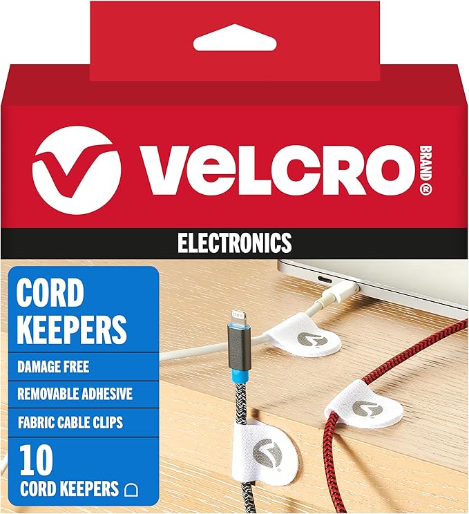 VELCRO Brand Cord Keepers | Soft Nylon Cable Clips Organize Wires in Home, Office, Desk or Nightstand | Removable Adhesive Back Holds Secure, Removes Clean | 10pk, White