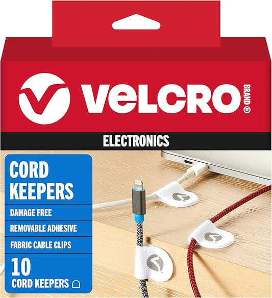 VELCRO Brand Cord Keepers | Soft Nylon Cable Clips Organize Wires in Home, Office, Desk or Nightstand | Removable Adhesive Back Holds Secure, Removes Clean | 10pk, White