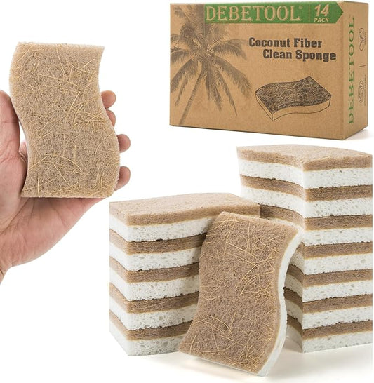 14Pack Natural Kitchen Sponge, Eco-Friendly Dish Sponge for Kitchen - Biodegradable Cellulose and Coconut Scrubber - Household Cleaning Sponge for Dishes, White