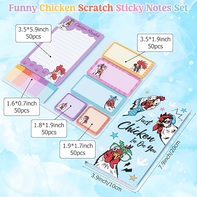 B1ykin Cute Sticky Notes Set - Just Chicken It On You Self-Stick Notes Pad, 550 Sheets Writing Memo Pages Sticky Notepad for Teacher Appreciation Gifts, School Office Supplies (New Funny Chickens)