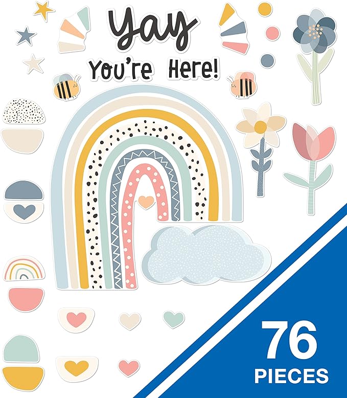 Carson Dellosa We Belong 76PC Bulletin Board Boho Set, Header with Rainbow, Flower, and Heart Accents for Back to School Decorations, Chalkboard, Teacher Supplies and Classroom Decor