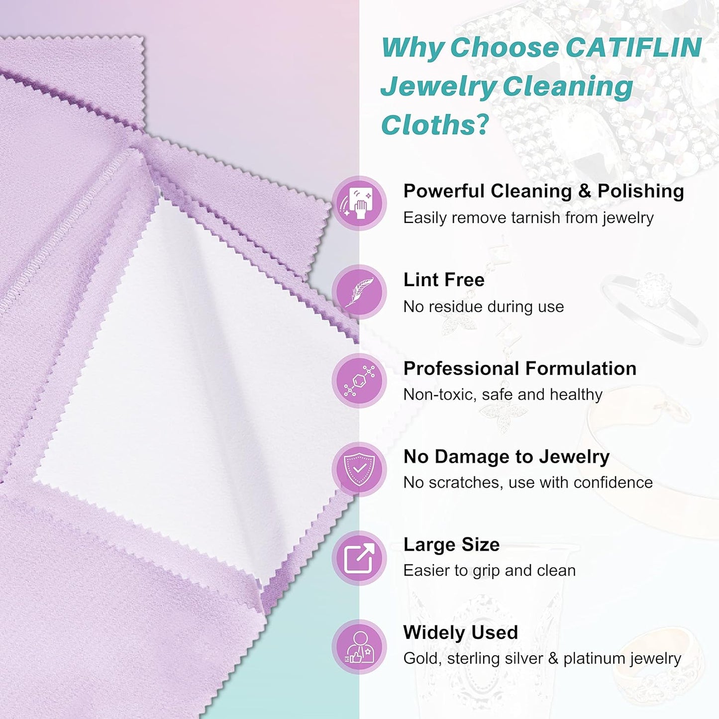 CATIFLIN 3PCS Purple Silver Polishing Cloths, 10"x12" Jewelry Cleaning Cloths for Gold, Silver, Platinum, Watch, Coin, Tarnish Remover, Reusable & Streak for Jewelry Lovers