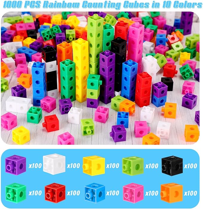 Jenaai 1000 Pieces Linking Counting Cubes, Plastic Counting Blocks, Colorful Math Cubes, Math Manipulatives Classroom Learning Supplies for Preschool Activities Boys Girls(Classic Style)