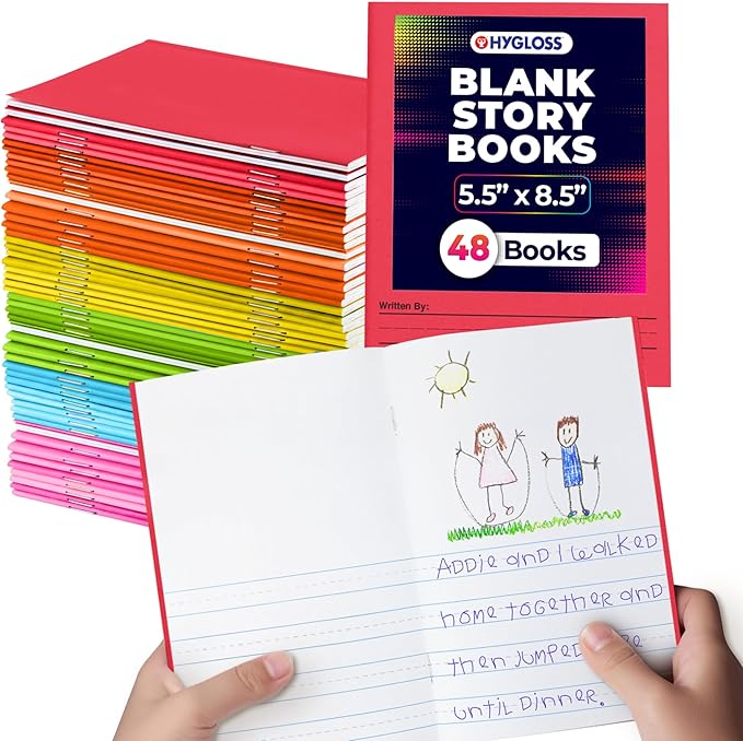 Hygloss Half Blank Books for Kids to Write Stories and Illustrate – Bulk 48 Pack – 5.5" x 8.5" A5 – Small Primary Journal for Grades K-2, Preschool/Kindergarten Notebook with Picture Space – 24 Pages