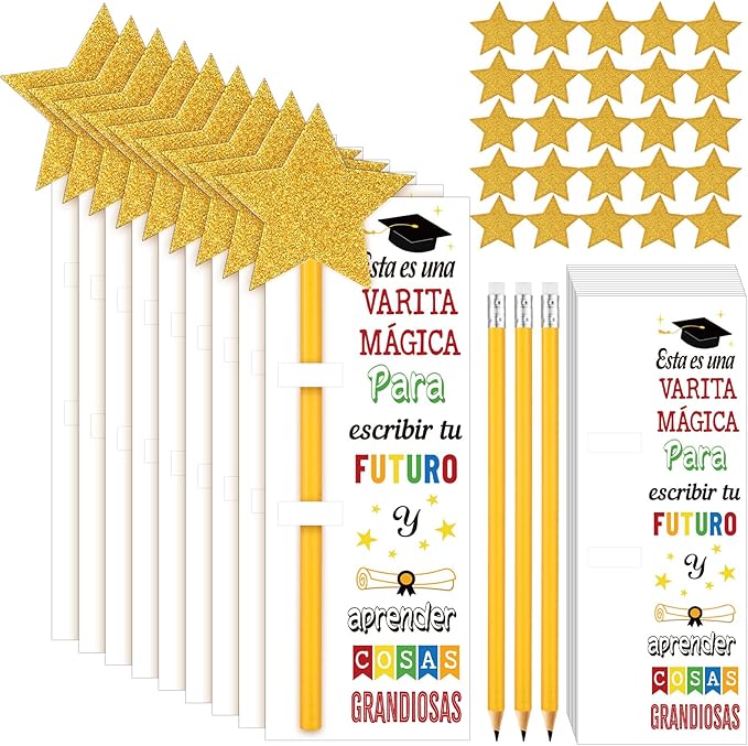 Colarr 50 Sets Spanish Graduation Gifts Pencils Class of 2026 Include Star Sticker Magical Wand Pencils Card for DIY Graduation Party Favors End of Year Senior High School College University