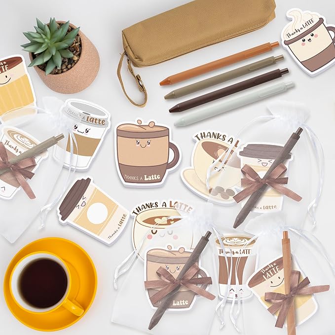 Xqumoi Thanks A Latte Sticky Notes with Pen Gift Set - 24 Set Coffee Self Sticky Writing Memo Pads Ballpoint Pens with Mesh Bag Thank You Gift Party Favors School Classroom Rewards Office Supplies