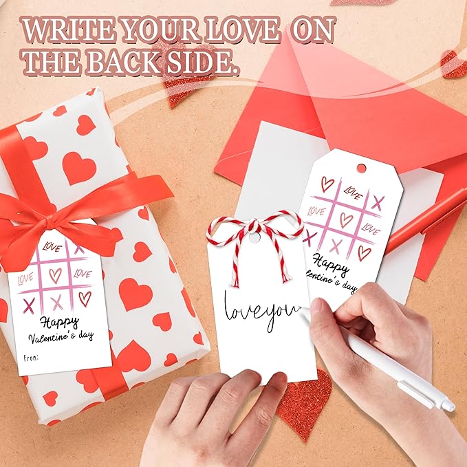 50Pcs Happy Valentines Tags for Bags, Valentine Gift Label with String, Sweet Themed Party or Valentine' Day Thank You Gift Tags Great for Party Favors-XOXO