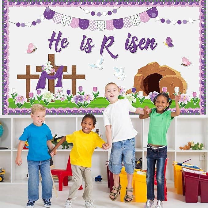 Supervitae 86 Pcs Christian Easter Bulletin Board Decorations Set Religious Easter Classroom Decorations He is Risen Paper Cut Outs for School Nursery Spring Birthday Party Supplies
