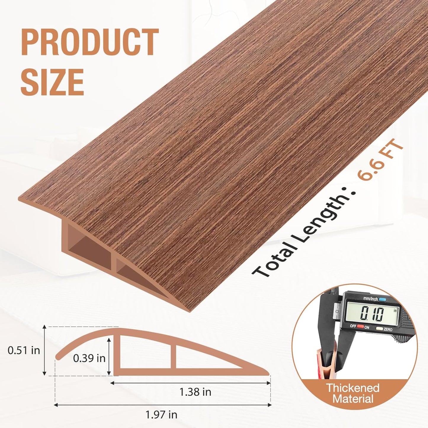 Floor Transition Strip Self Adhesive Vinyl Door Threshold for Doorways Carpet Edging Trim Overlap Edge Reducer for Laminate Floor, Carpet, Tile (Light Brown Wood Grain, 1/5" to 2/5", 6.6Ft)