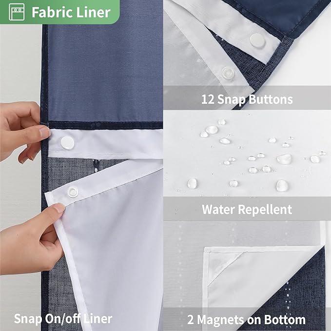 No Hook Long Shower Curtain Set with Snap-in Fabric Liner,Linen Textured Thick Striped Fabric with Tassels,Boho Farmhouse Rustic Luxury Bathroom Curtain,Water-Repellent,Navy Blue,71x80