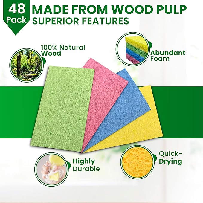 Cellulose Sponges – 48-Pack Multicolored Compressed Natural for Kitchen – Plant-Based, Biodegradable, Non-Scratch, Quick-Dry, Super-Absorbent for Dishes & Surfaces (48, Multicolor)