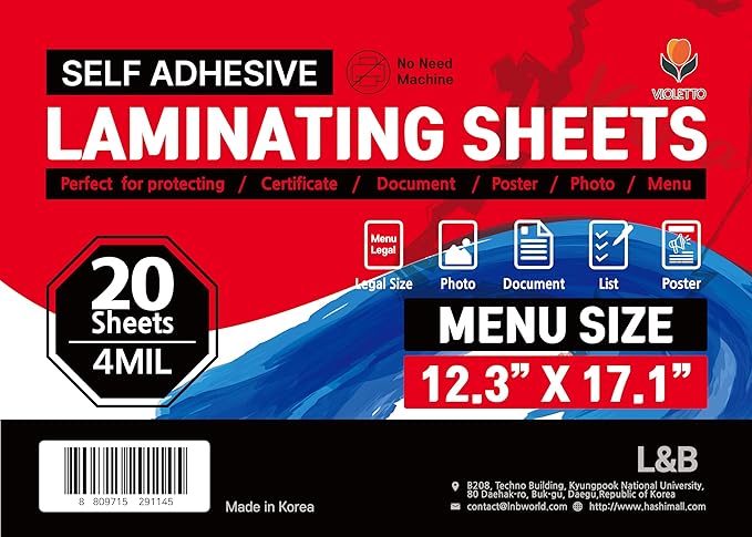 Self Adhesive Laminating Sheets 12.3x17.1 inch, 20 Pack, 4mil Thickness, No-Machine Needed, QuickPeel, Instashield, Stick&GO (20 Sheets, Menu Size 4mil)