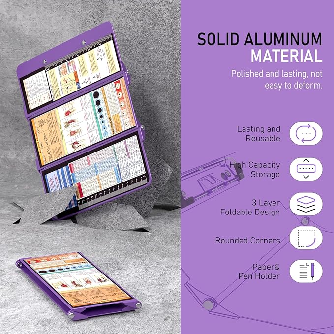 Nursing Clipboard Foldable, Foldable Clipboard w/Nursing Edition Medical Charts, 3 Layers Aluminum, Nurse Clip Board w/Low Profile Clip&Pen Clip for Students, Nurses and Doctors, Purple