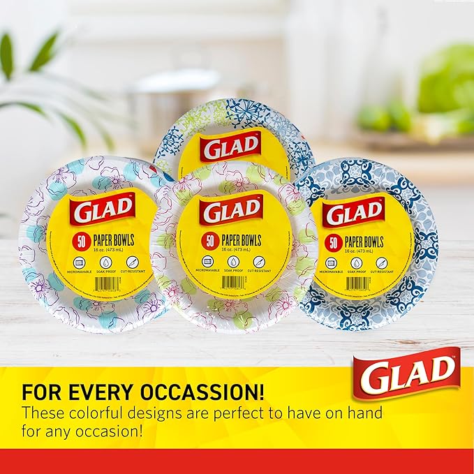 Glad Round Disposable Paper Bowls, Green Victorian Design - Heavy Duty, Soak Proof, Cut-Resistant, Microwavable Bowl for All Foods & Daily Use, 16 Oz, 50 Count