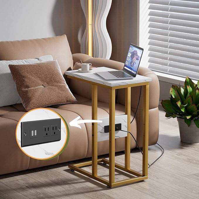 VECELO C Shaped End Table with Charging Station & Power Outlets, Quick Access Side Table for Sofa, C Bedside for Living Room Bedroom 1 Set,Gold