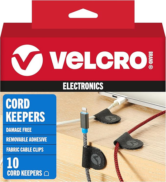 VELCRO Brand Cord Keepers | Soft Nylon Cable Clips Organize Wires in Home, Office, Desk or Nightstand | Removable Adhesive Back Holds Secure, Removes Clean | 10pk, Black