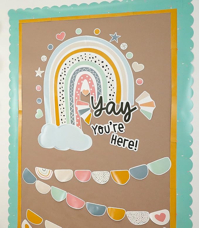 Carson Dellosa We Belong 76PC Bulletin Board Boho Set, Header with Rainbow, Flower, and Heart Accents for Back to School Decorations, Chalkboard, Teacher Supplies and Classroom Decor