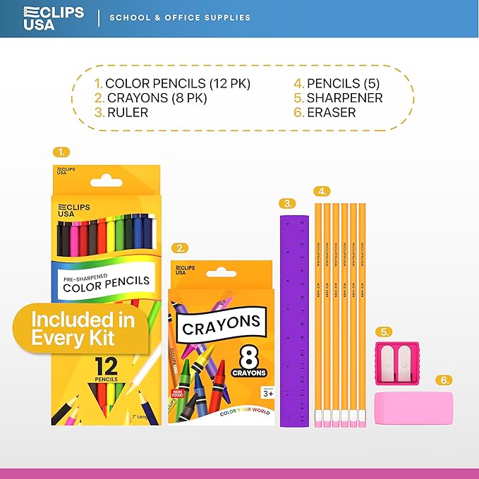 Back to School Supplies Kit for kids, School Supplies Set, school Supply Kit, Colored Pencils For Kids, Color Pencil Set, Crayons Bulk for Classroom, Wooden Pencil #2 (1)