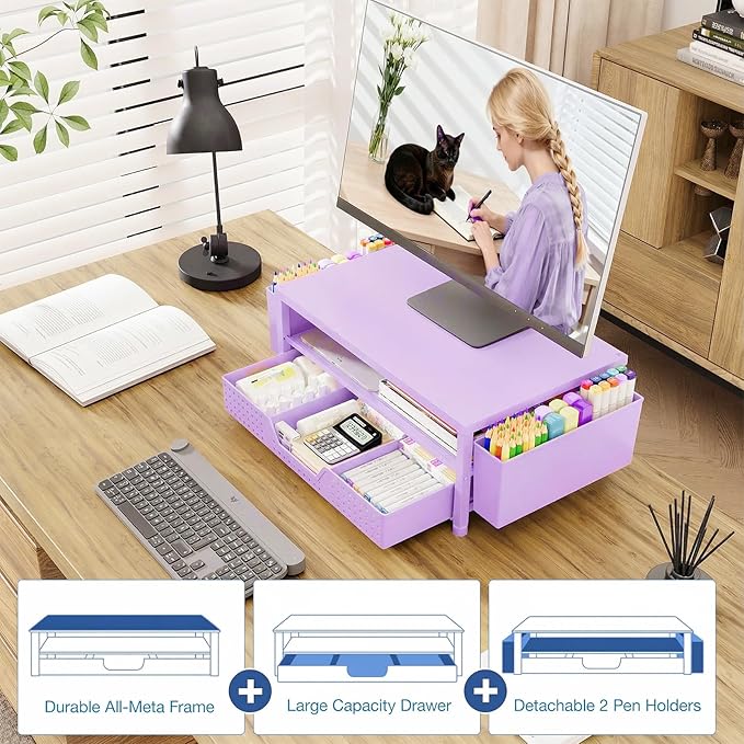 OPNICE Desk Organizers and Accessories, 2-Tier Computer Monitor Stand Riser with Drawer and 2 Pen Holders, Laptop Stand, Office Desk Accessories for Office Supplies, Purple