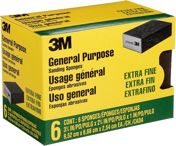 3M Sanding Sponge Block, 6-Pack, Extra Fine Grits, 3-3/4 in x 2-5/8 in, Designed For Sanding Wood, Paint, Metal, Plastic or Drywall, Features 3M Abrasive, Made with Durable Flexible Foam (CP000-6P-CC)