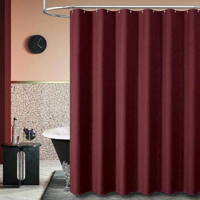 Dynamene Long Fabric Shower Curtain - 78 inch Long Waffle Weave Weighted Cloth Shower Curtains for Bathroom, Neutral Heavy Duty Hotel Spa Luxury Bath Curtain Set with 12 Plastic Hooks,72x78, Burgundy