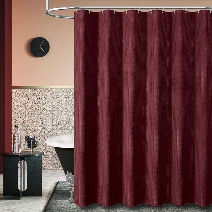 Dynamene Burgundy Fabric Shower Curtain - Waffle Weave Textured Heavy Duty Cloth Shower Curtains for Bathroom, 256GSM Hotel Luxury Weighted Bath Curtain Set with 12 Plastic Hooks,72x72, Burgundy