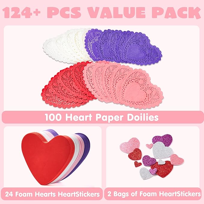 JOYIN 126+ Pcs Valentines Day Craft Gift Set with 100 Heart Doilies, 24 Pcs Foam Doilies and 2 Bags Foam Heart Stickers for Kids, Tableware Decoration, Home Activitie, Kitchen Disposable Table Craft