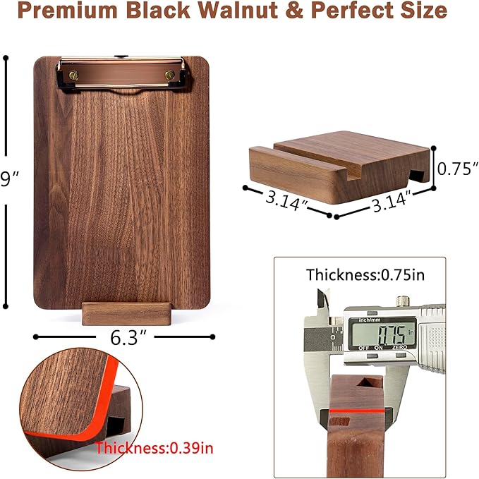 Walnut Wood Clipboard, 9" x 6.3" Small Menu Clip Board with Metal Clip and Stable Base, Solid Hardwood, Smooth Edges, Free Stand Holder for Bar, Restaurant, Coffee Shops, Countertops