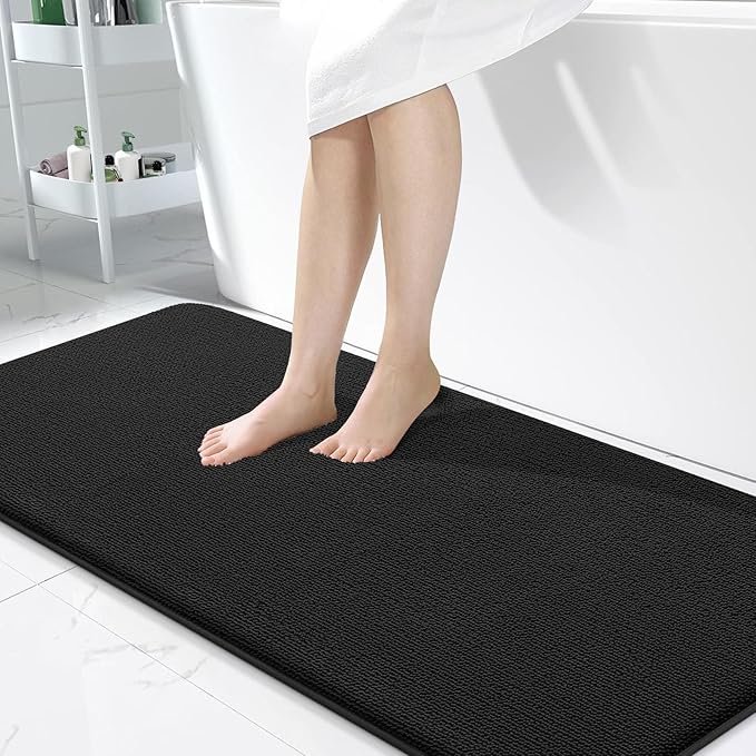 OLANLY Thick Memory Foam Bath Mats Rugs 50x30, Extra Soft Absorbent Bathroom Rug, Quick Dry Bath Mat, Non-Slip, Machine Washable Carpet for Bathroom, Tub and Shower, Home Decor Accessories, Black