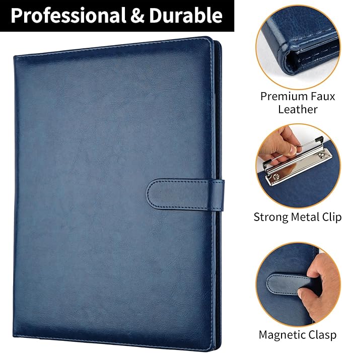 Professional Padfolio with Clipboard, Faux Leather Portfolio Folder Binder, Legal Pad Holder for A4 Letter Size Notepad, Resume, Writing Pad, Ideal Organizer for Business Office Conference (Blue)