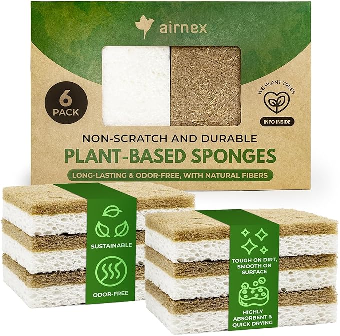 Biodegradable Natural Kitchen Sponges Pack of 6 - Cellulose and Coconut Walnut Scrubber Sponge - Eco Friendly Sponges for Dishes