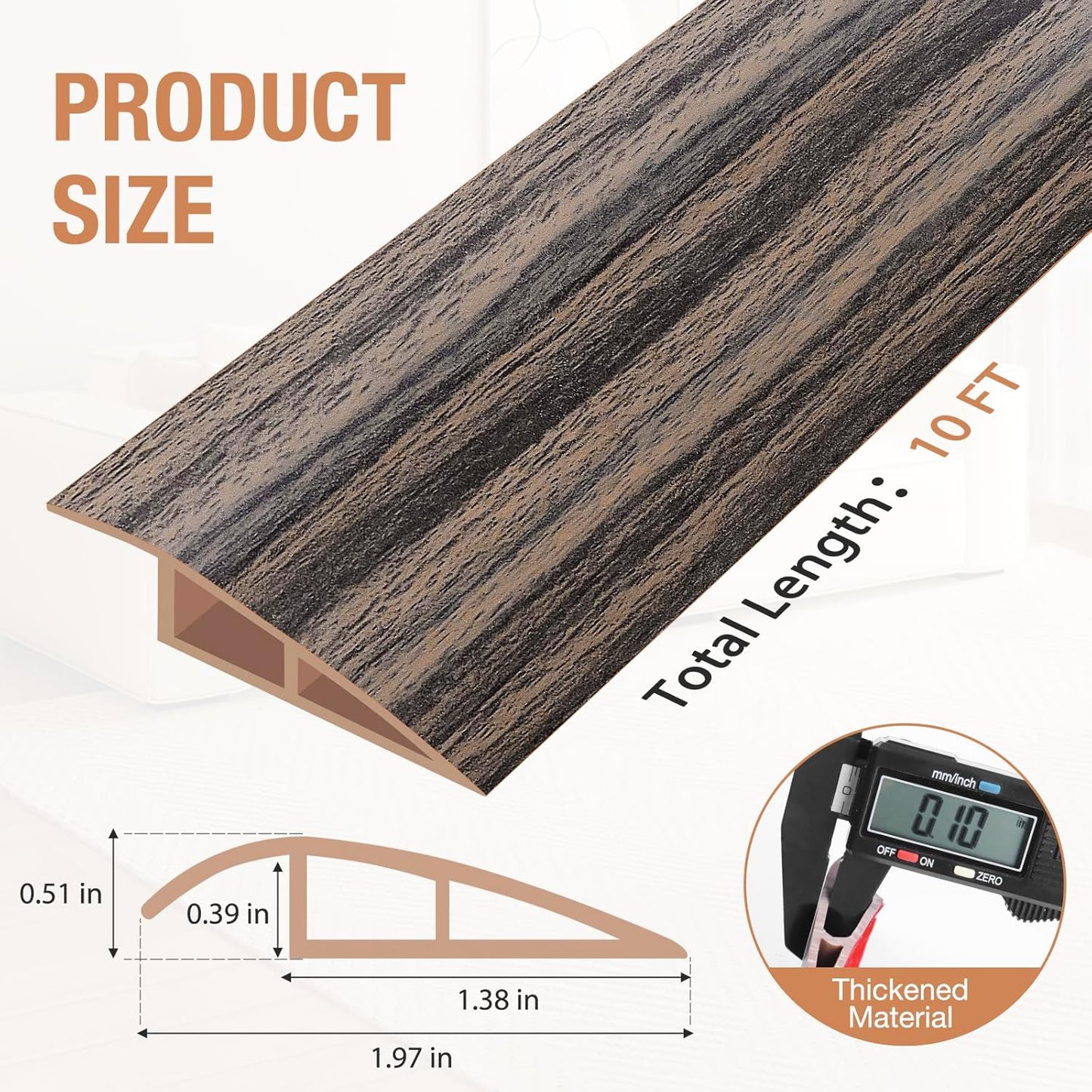 Floor Transition Strip Self Adhesive Vinyl Door Threshold for Doorways Carpet Edging Trim Overlap Edge Reducer for Laminate Floor, Carpet, Tile (Smoked Brown Wood Grain, 1/5" to 2/5", 10Ft)
