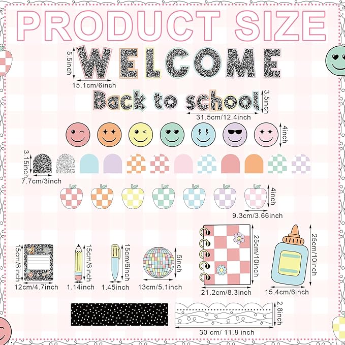 94 Pcs Composition Notebook Classroom Decor Welcome Back to School Bulletin Board Set Checkered Classroom Decor Pencil Apple Paper Cutouts for First Day of School Party Wall Door(Natural)
