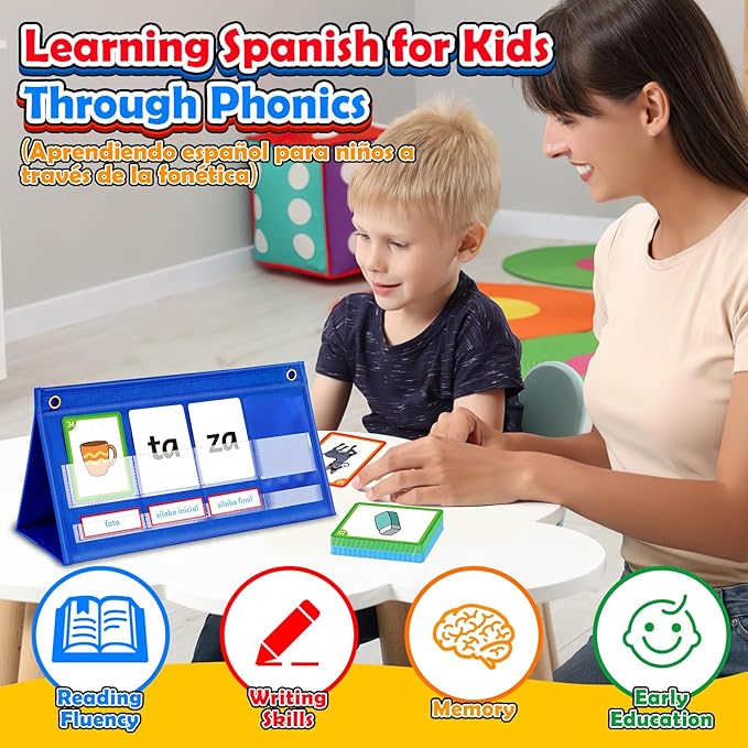 Torlam Spanish Learning Word Building Pocket Chart for Kids, Spanish Vocabulary Games Toddler Flash Cards Sight Words Flashcards Languages Spelling Reading Phonics Games for Kindergarten Preschool