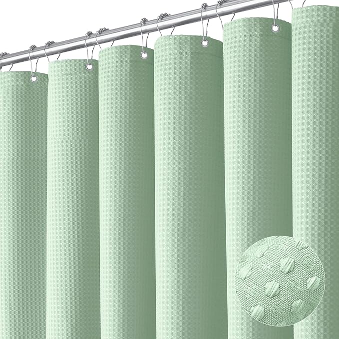 Dynamene Long Fabric Shower Curtain - 78 inch Long Waffle Weave Weighted Cloth Shower Curtains for Bathroom, Neutral Heavy Duty Hotel Spa Luxury Bath Curtain Set with 12 Hooks, 72x78, Mint Green