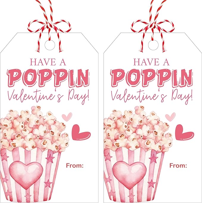 Have A Poppin Valentines Day Sticker Label, 50 Pcs Valentine Gift Tags with String, Gift Tag Paper Tags Labels Idea Valentines Activity School Classroom Party Favors-Pink
