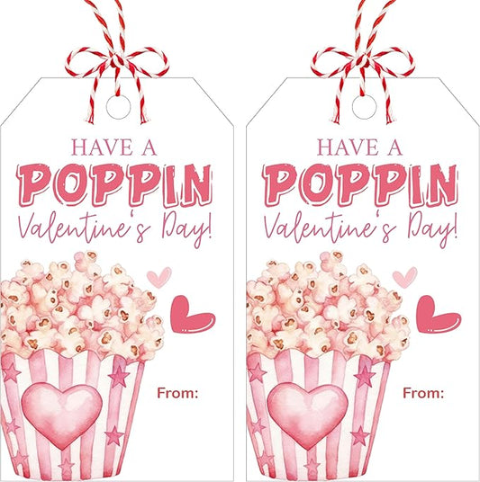 Have A Poppin Valentines Day Sticker Label, 50 Pcs Valentine Gift Tags with String, Gift Tag Paper Tags Labels Idea Valentines Activity School Classroom Party Favors-Pink
