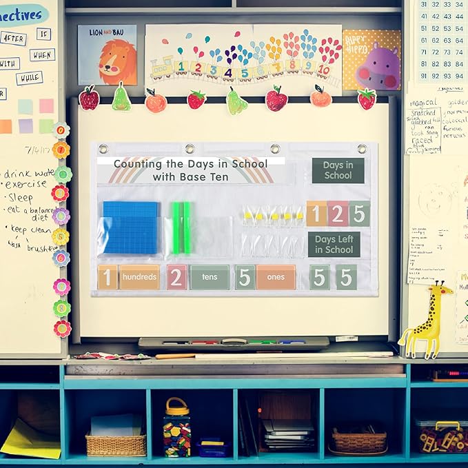 Back to School Counting The Days with Base Ten Pocket Chart Place Value, Counting Caddie Pocket Chart for Classroom Bulletin Board School or Home Decor, 4 Hooks (Colorful,Boho Style)