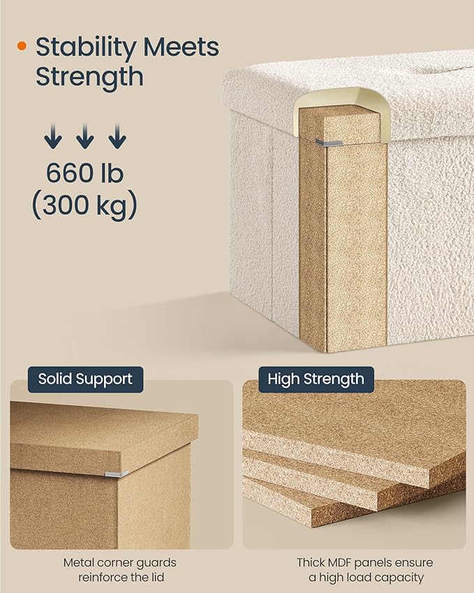 SONGMICS Storage Ottoman Bench, Storage Chest, 15 x 43 x 15 Inches, Foot Rest Stool, End of Bed Bench, Load up to 660 lb, for Living Room, Bedroom, Entryway, Cream White ULSF097W01