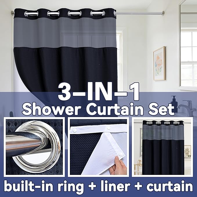 Conbo Mio Extra Long No Hook Waffle Weave Shower Curtain with Snap in Liner Set, Hotel Luxury Black Shower Curtains for Bathroom with See Through Top Window, Waterproof, Washable 71W x 84H