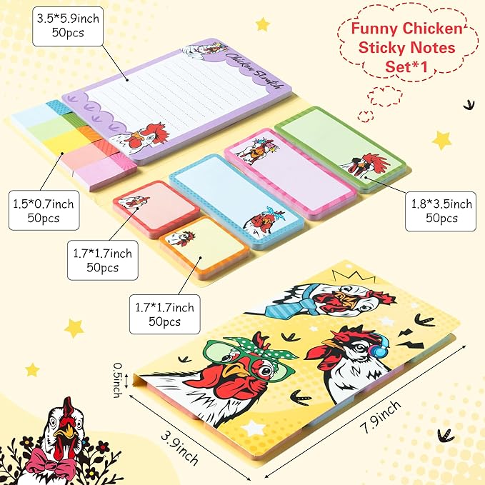 B1ykin Cute Sticky Notes Set - Chicken Scratch Self-Stick Notes Pad, 550 Sheets Writing Memo Pages Sticky Notepad for Teacher Appreciation Gifts, School Office Party Favors Supplies (Funny Chicken)